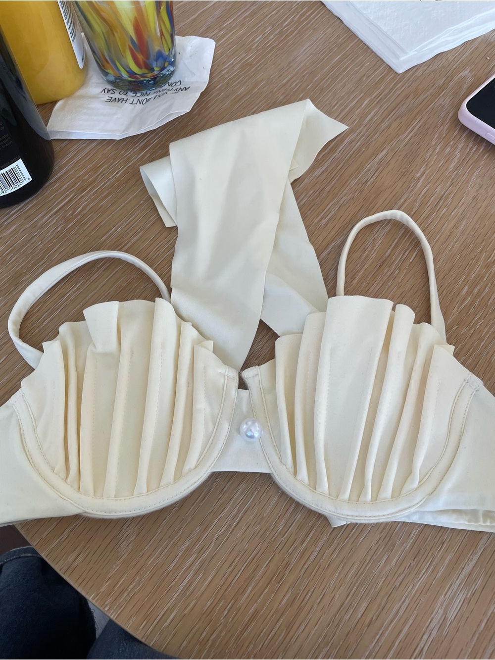 Cream Pleated Underwire bathing suit with Wide Neck Tie